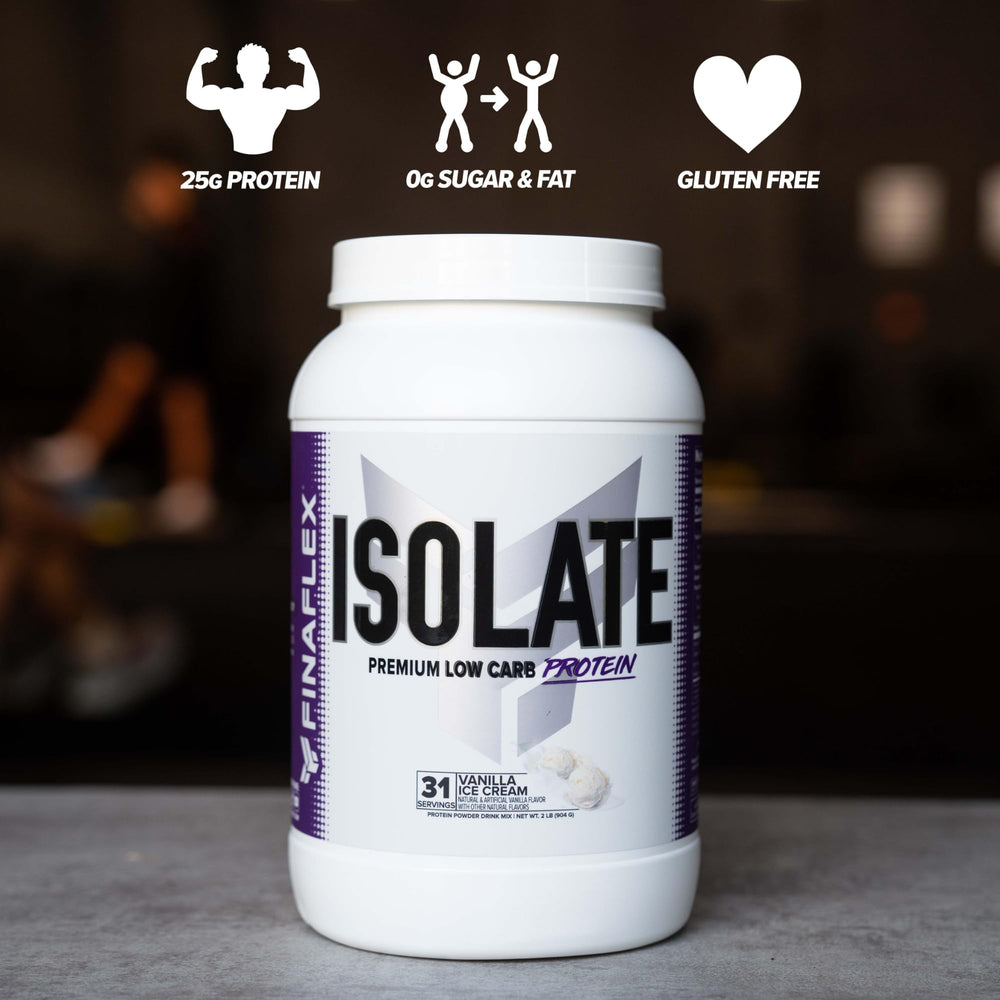 FINAFLEX Isolate vanilla bottle label highlights gluten-free, low-carb protein.