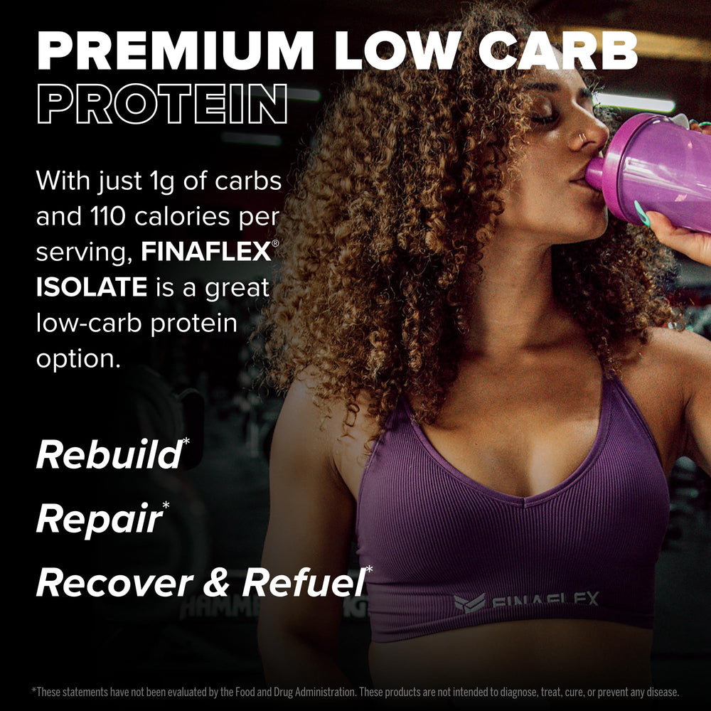 FINAFLEX Isolate vanilla tub label highlights zero sugar and gluten-free