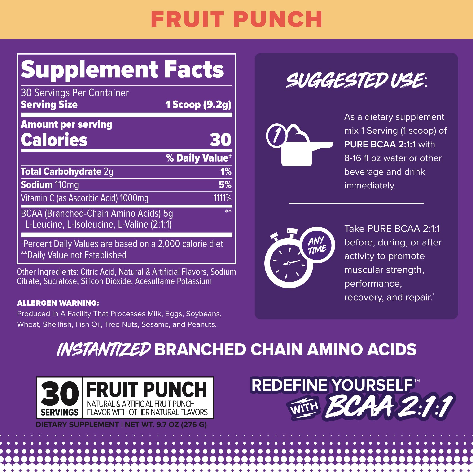 FINAFLEX Pure BCAA 2:1:1 bottle side highlights convenient recovery during training