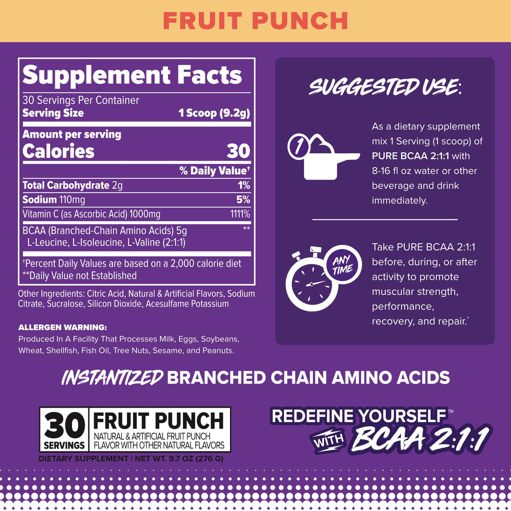 FINAFLEX Pure BCAA 2:1:1 bottle side highlights convenient recovery during training