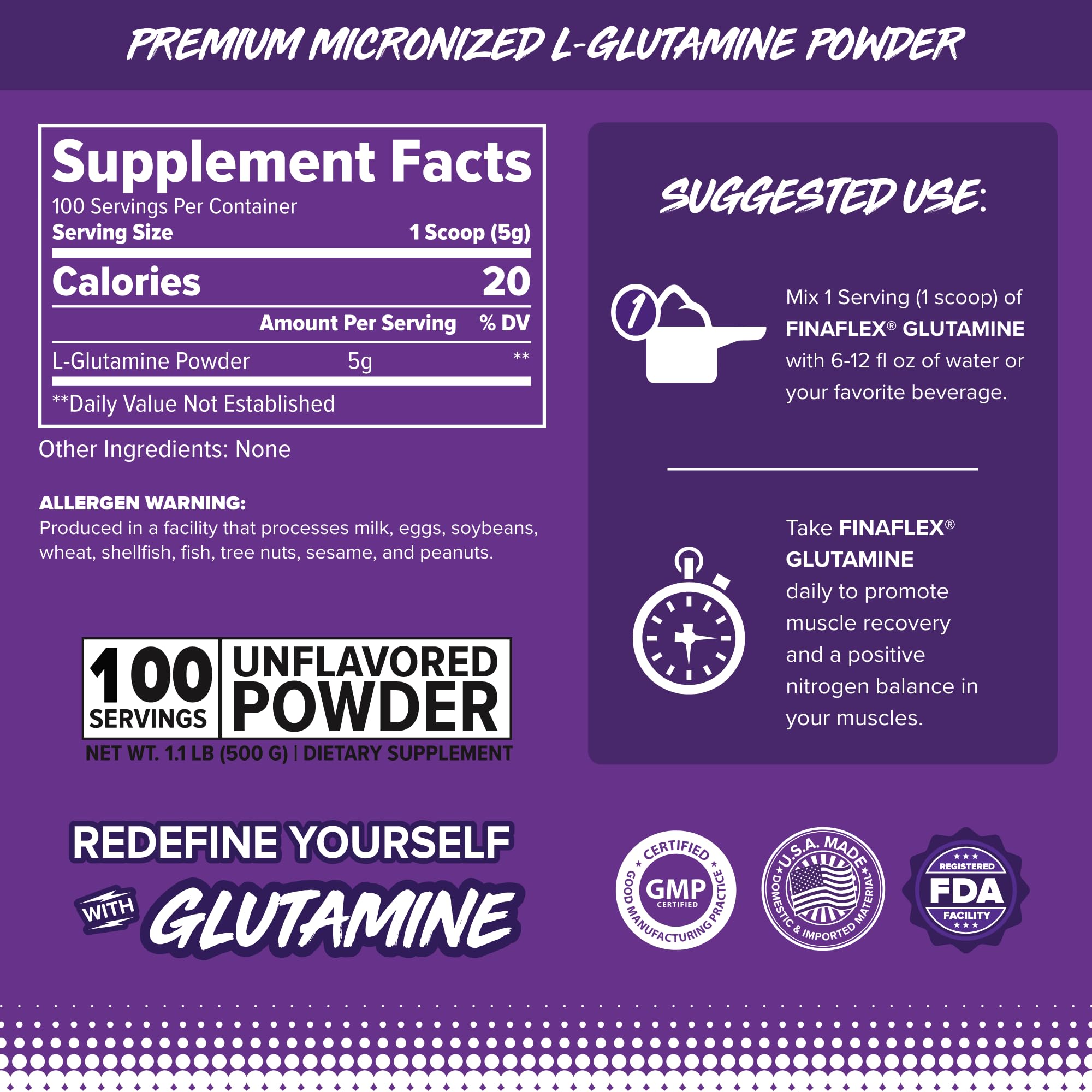 FINAFLEX Glutamine dosage scoop showing serving size for daily use
