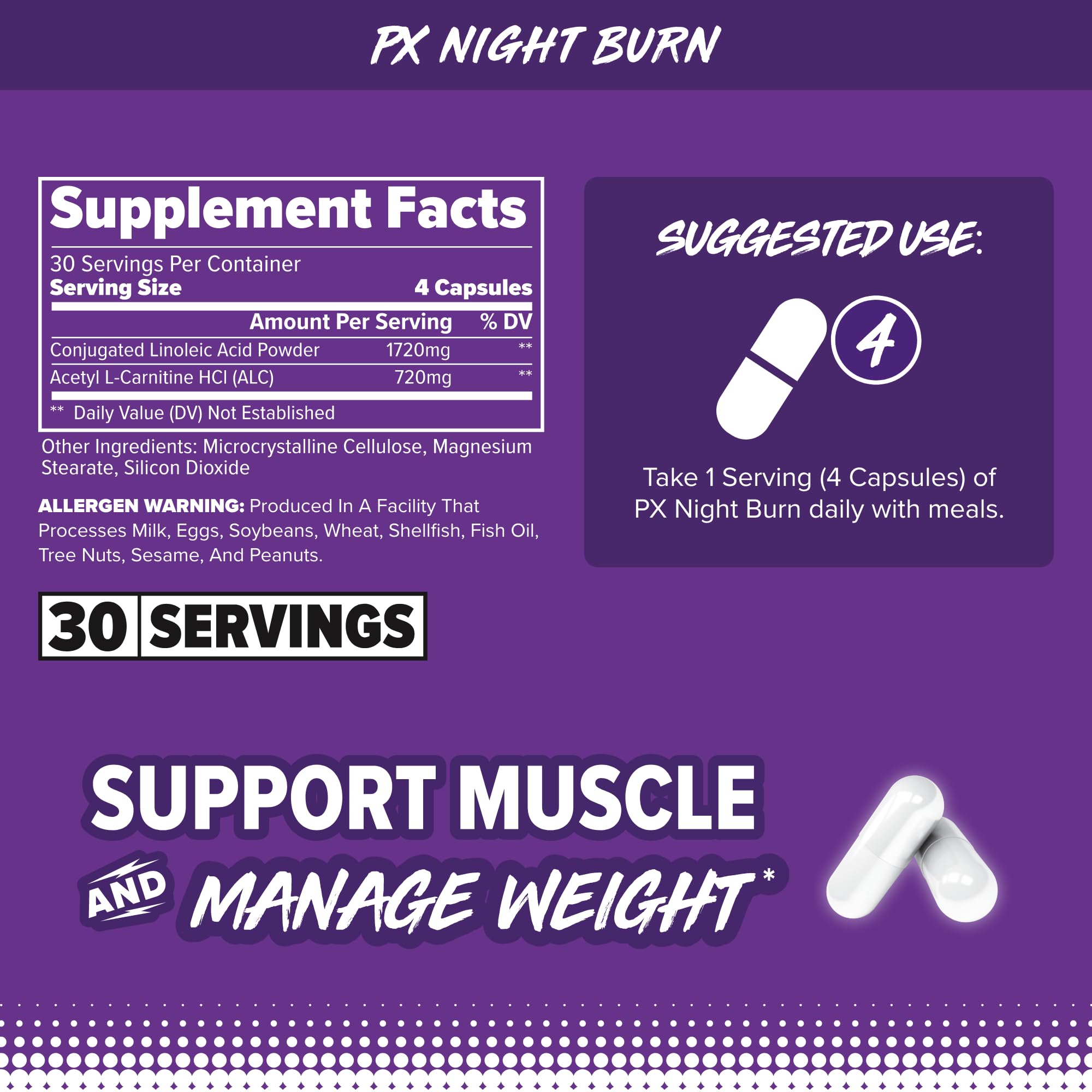 FINAFLEX PX Night Burn bottle with capsules emphasizing lean body composition potential.