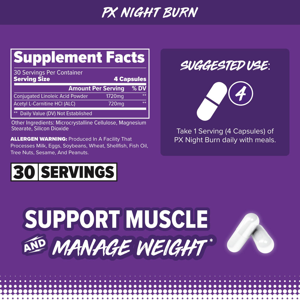 FINAFLEX PX Night Burn bottle with capsules emphasizing lean body composition potential.