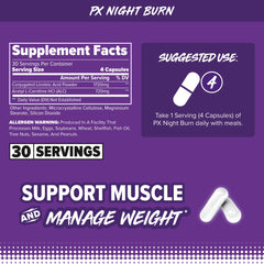 FINAFLEX PX Night Burn bottle with capsules emphasizing lean body composition potential.