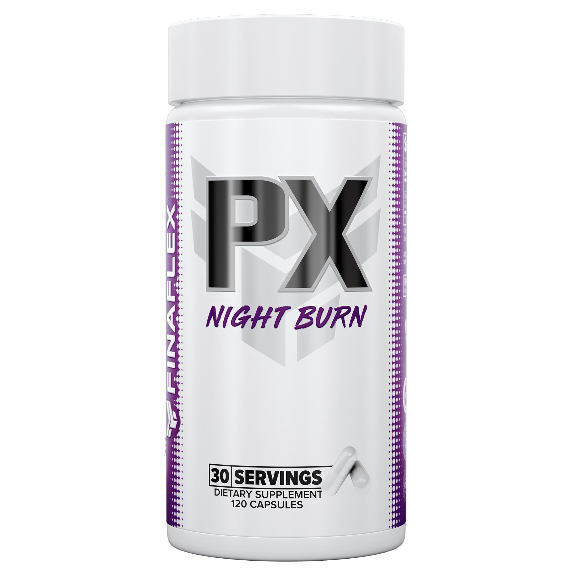FINAFLEX PX Night Burn capsules on bottle highlighting non-stimulant fat loss support.