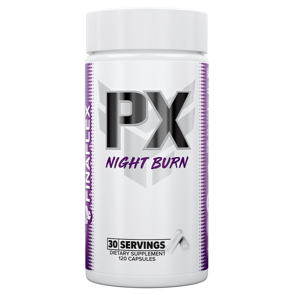 FINAFLEX PX Night Burn capsules on bottle highlighting non-stimulant fat loss support.