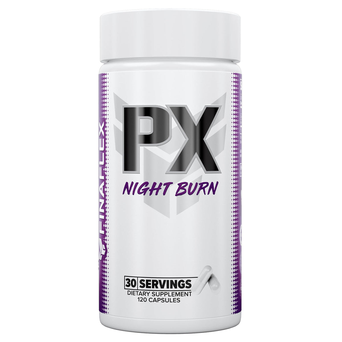 FINAFLEX PX Night Burn capsules on bottle highlighting non-stimulant fat loss support.