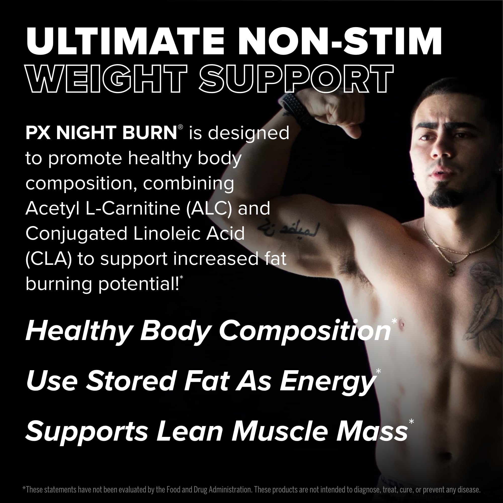 PX Night Burn label explains CLA and ALC for fat loss support.