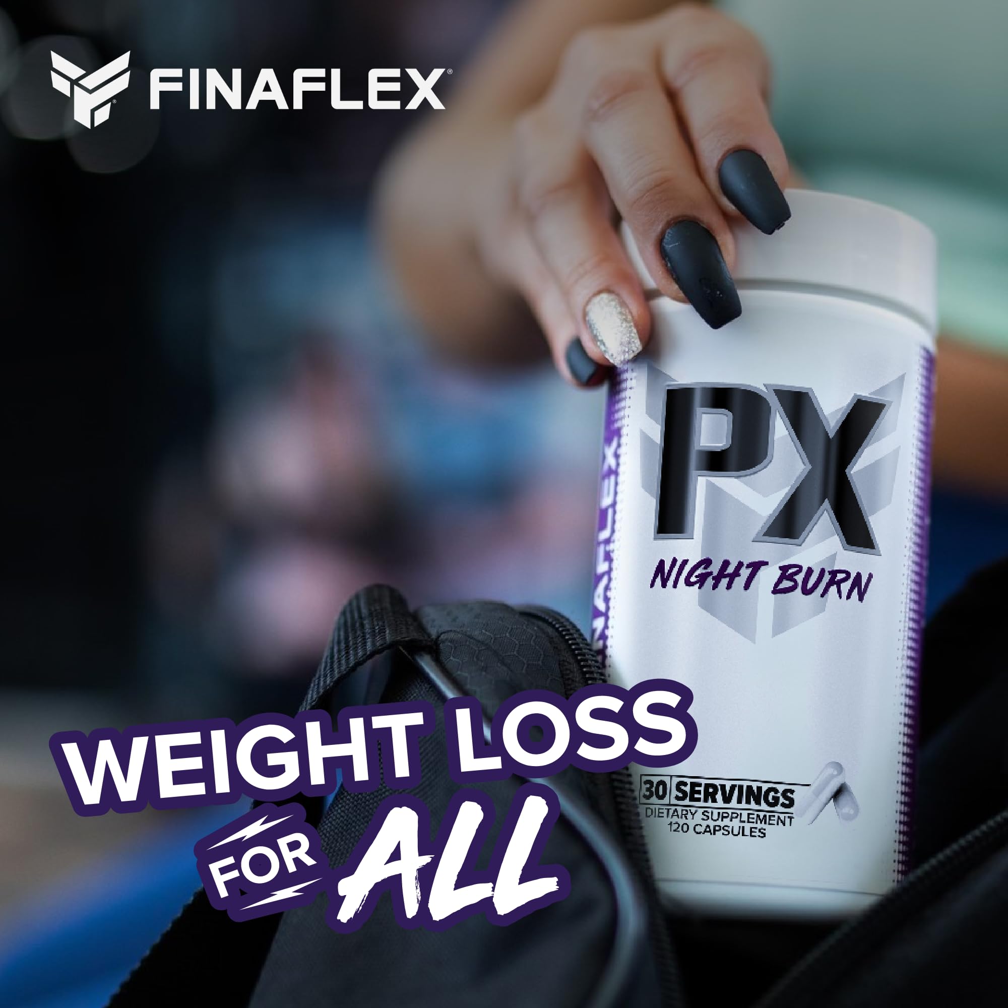 Box and bottle of FINAFLEX PX Night Burn illustrate stimulant-free weight management options.