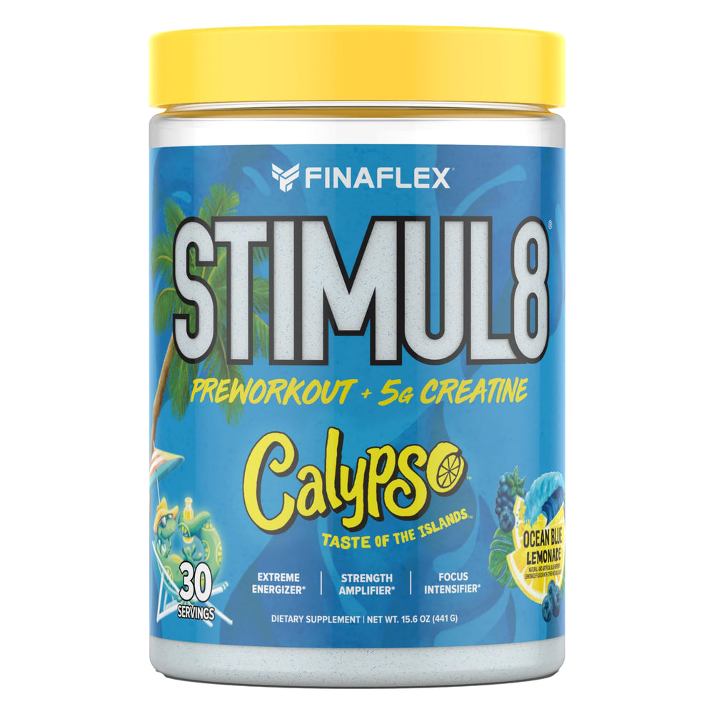 FINAFLEX STIMUL8 Calypso Ocean Blue Lemonade tub ready for pre-workout energy