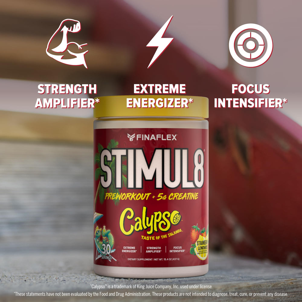 FINAFLEX STIMUL8 Calypso glass with prepared Strawberry Lemonade drink, vibrant and energizing