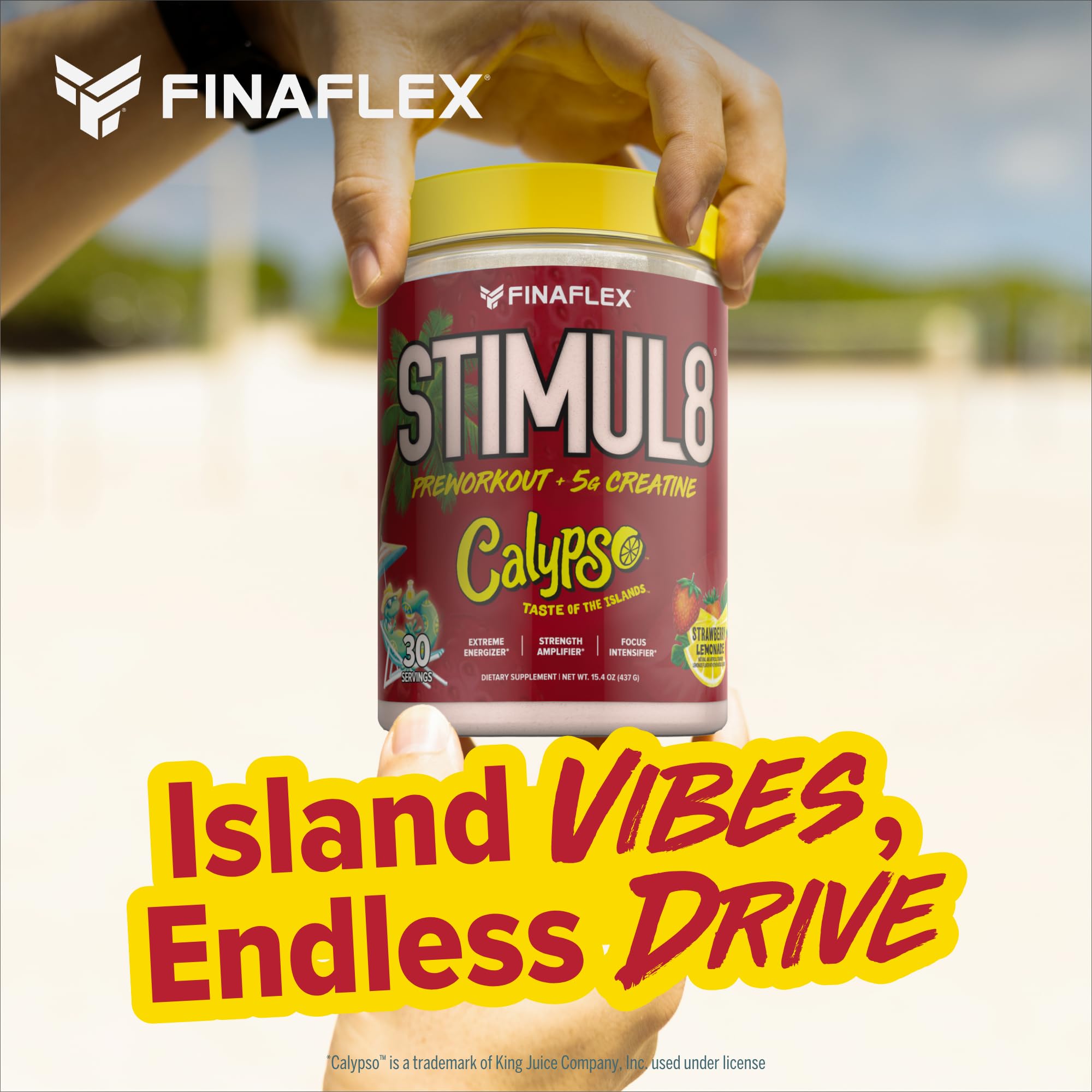 FINAFLEX STIMUL8 Calypso ingredient chart highlighting caffeine, creatine, beta-alanine and vitamin C