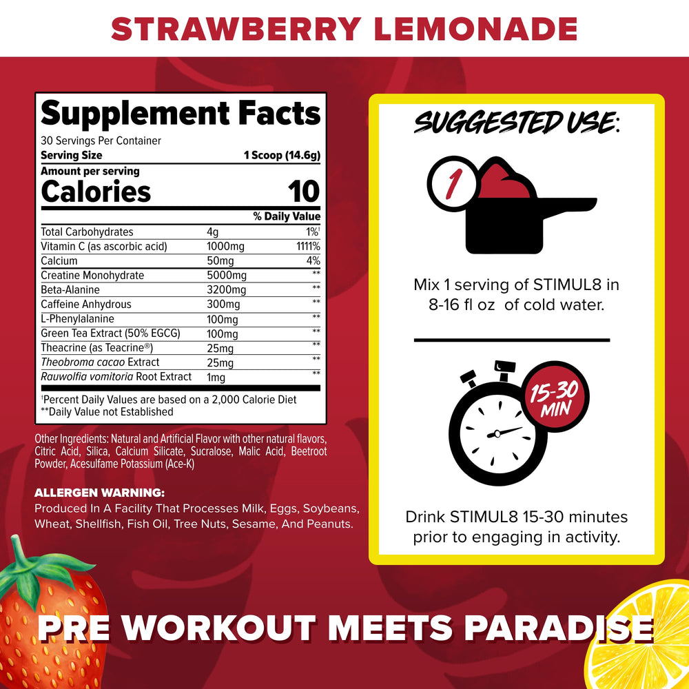 FINAFLEX STIMUL8 Calypso tub with Strawberry Lemonade flavor for pre-workout energy