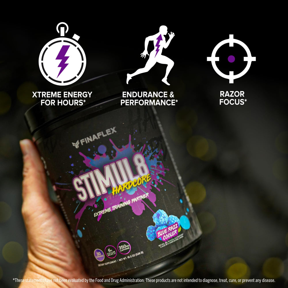 FINAFLEX StimUL8 Hardcore Blue Razz drink ready, vibrant and energizing.