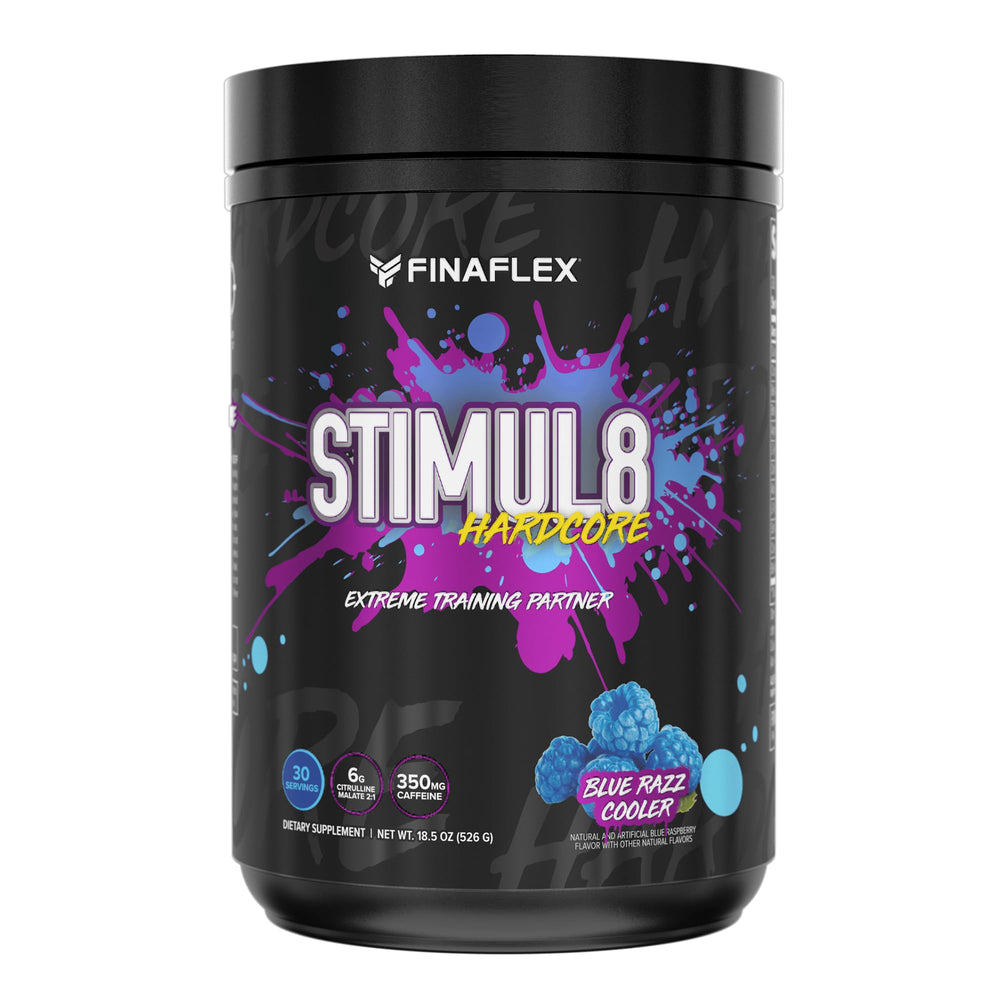 FINAFLEX StimUL8 Hardcore Blue Razz packaging highlights energy formula for workouts.