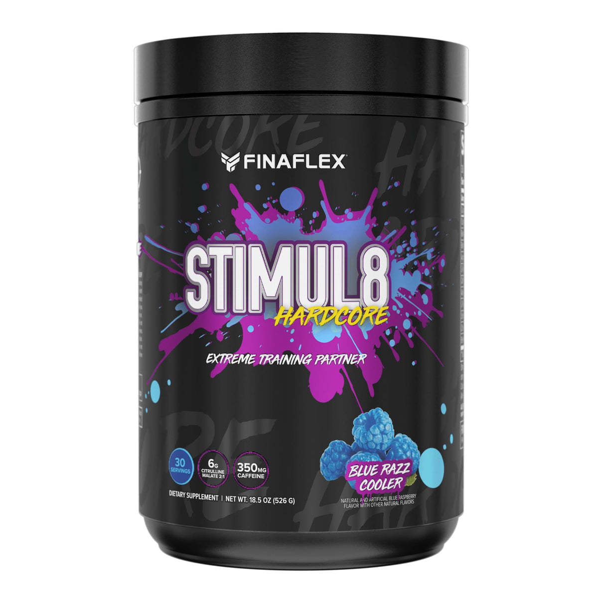 FINAFLEX StimUL8 Hardcore Blue Razz packaging highlights energy formula for workouts.