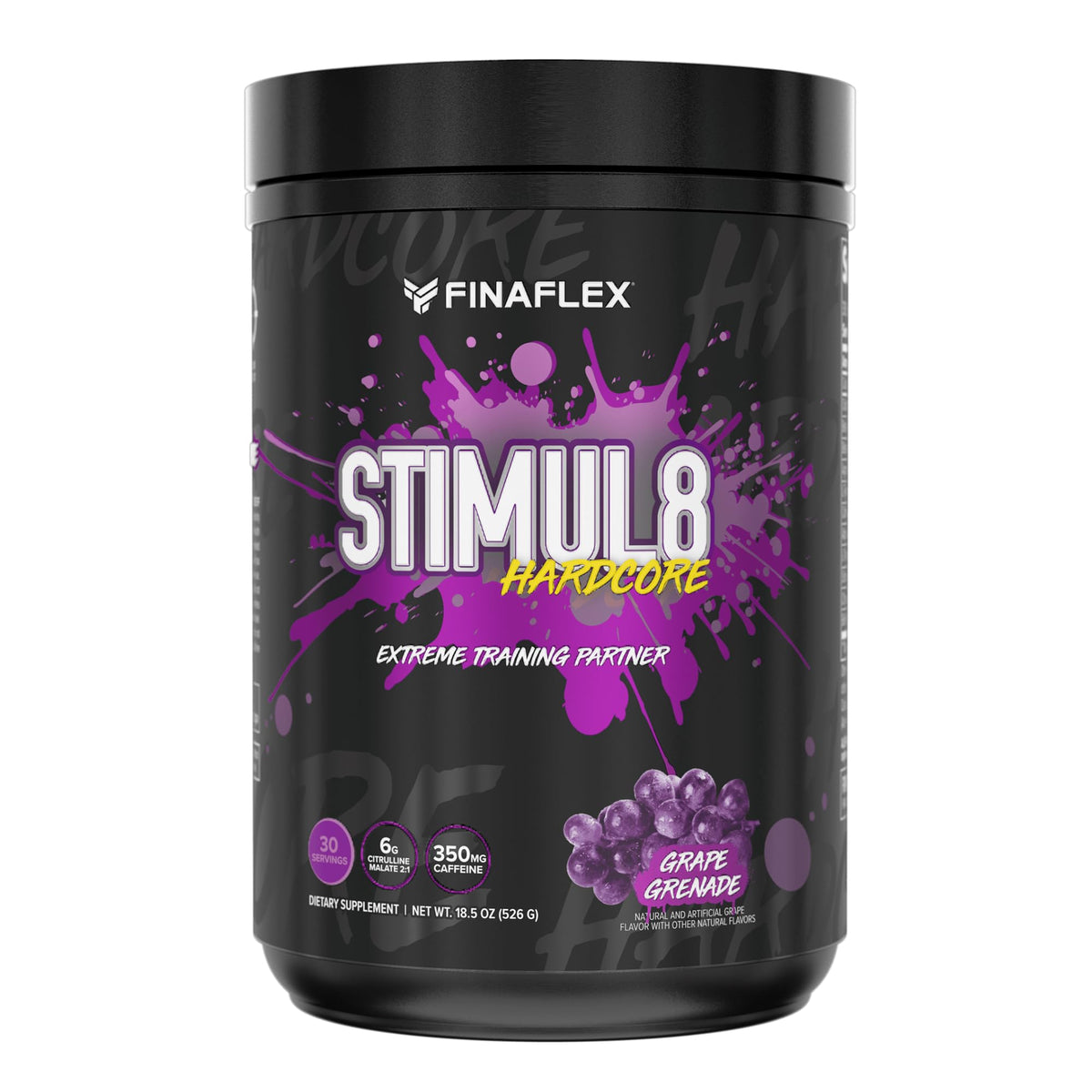 FINAFLEX Stimul8 Hardcore bottle in grape grenade flavor for intense training.