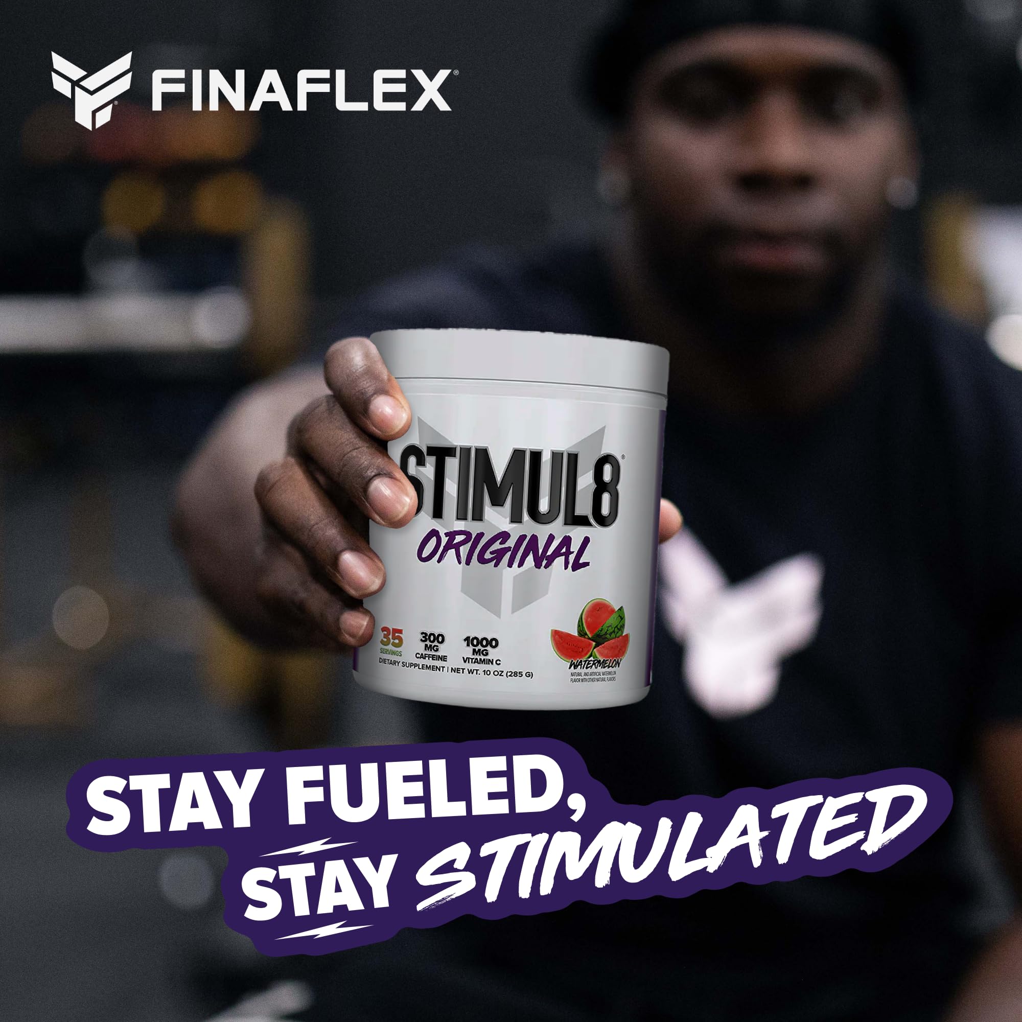 FINAFLEX STIMUL8 label with ingredients visible, emphasizing caffeine and vitamin C benefits.