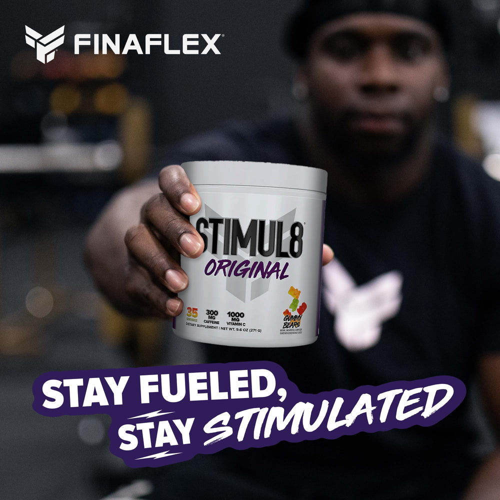 FINAFLEX STIMUL8 nutrition label closeup shows key ingredients.