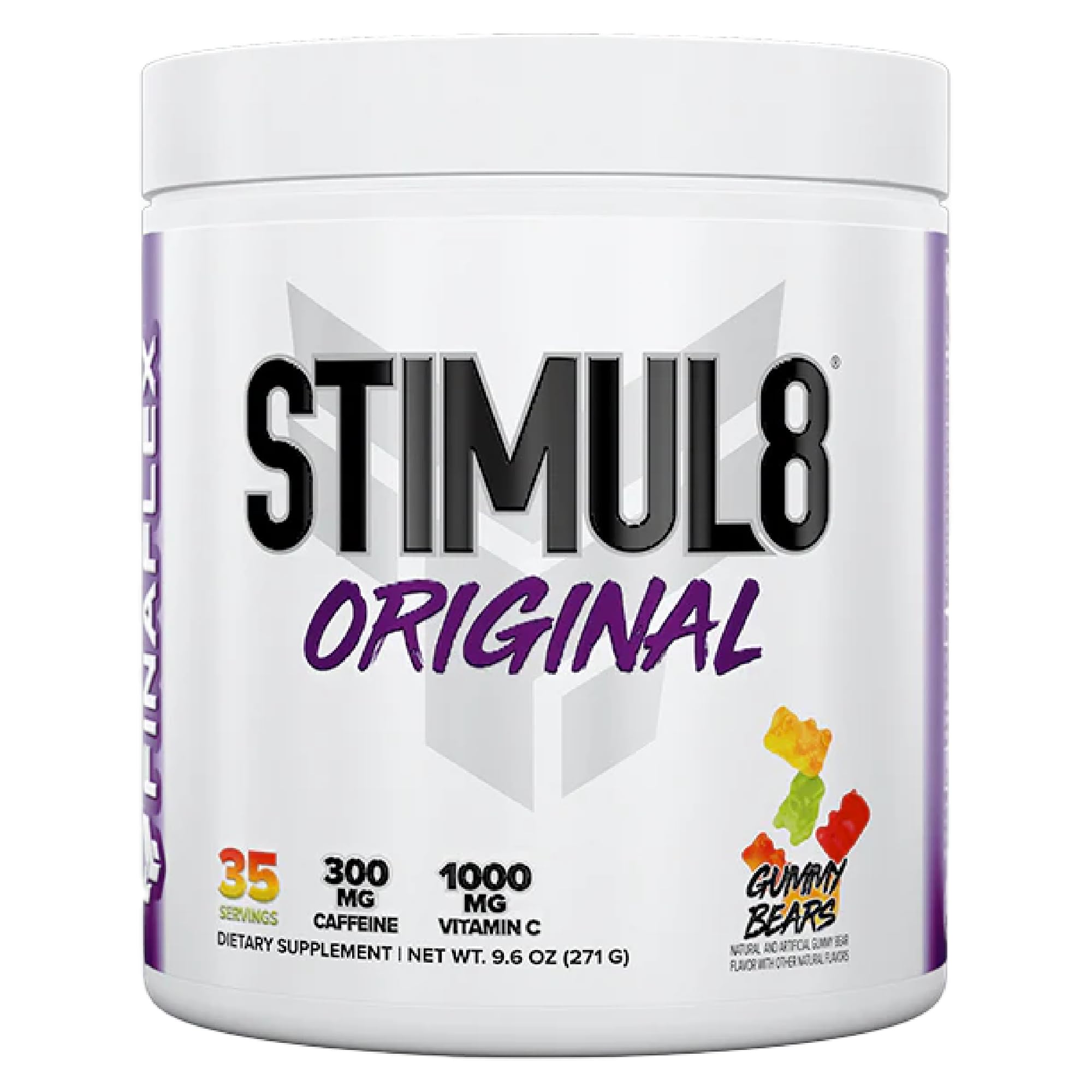 FINAFLEX STIMUL8 pre-workout powder tub for energy and focus during workouts.