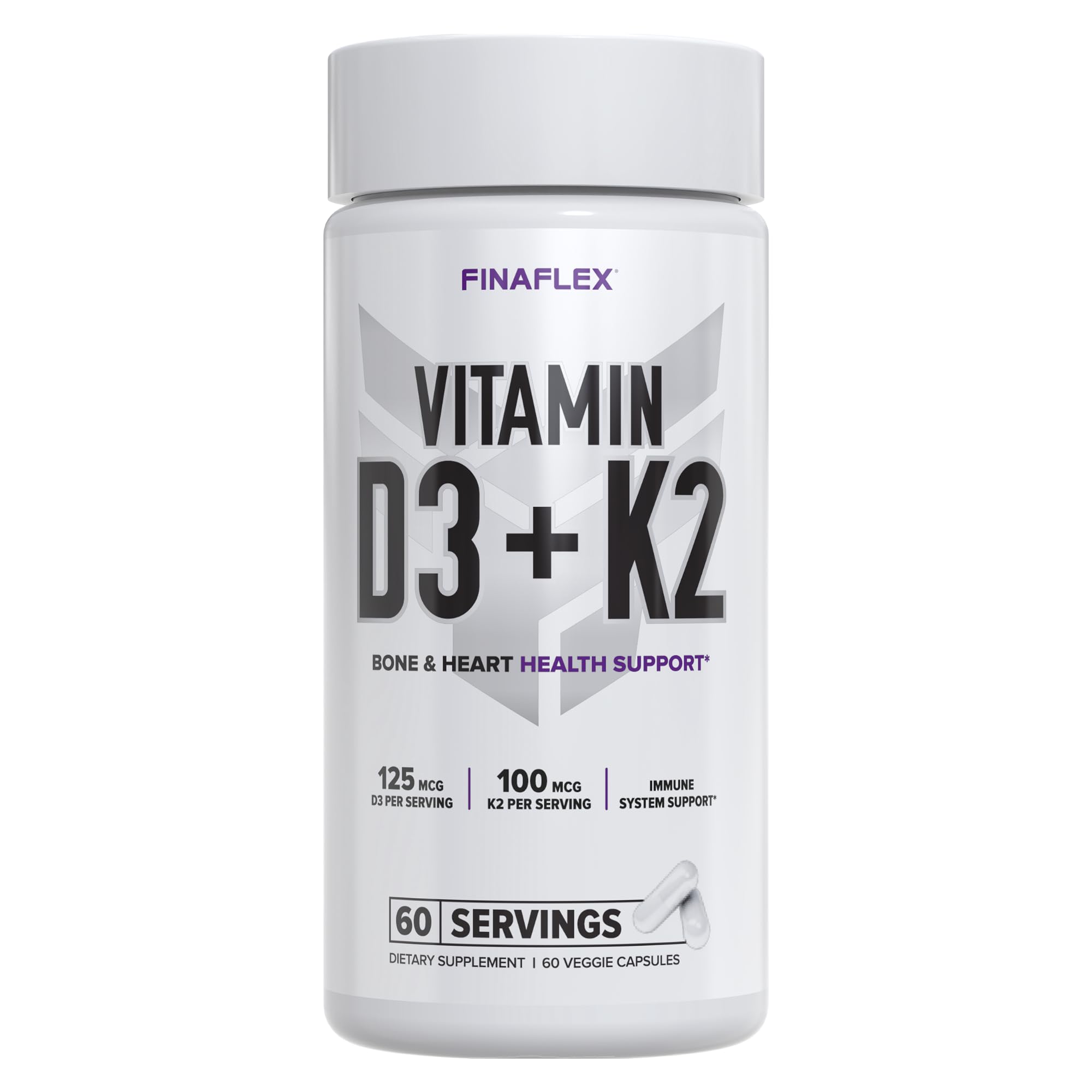 FINAFLEX Vitamin D3 + K2 bottle displaying a label for bone and immune support.