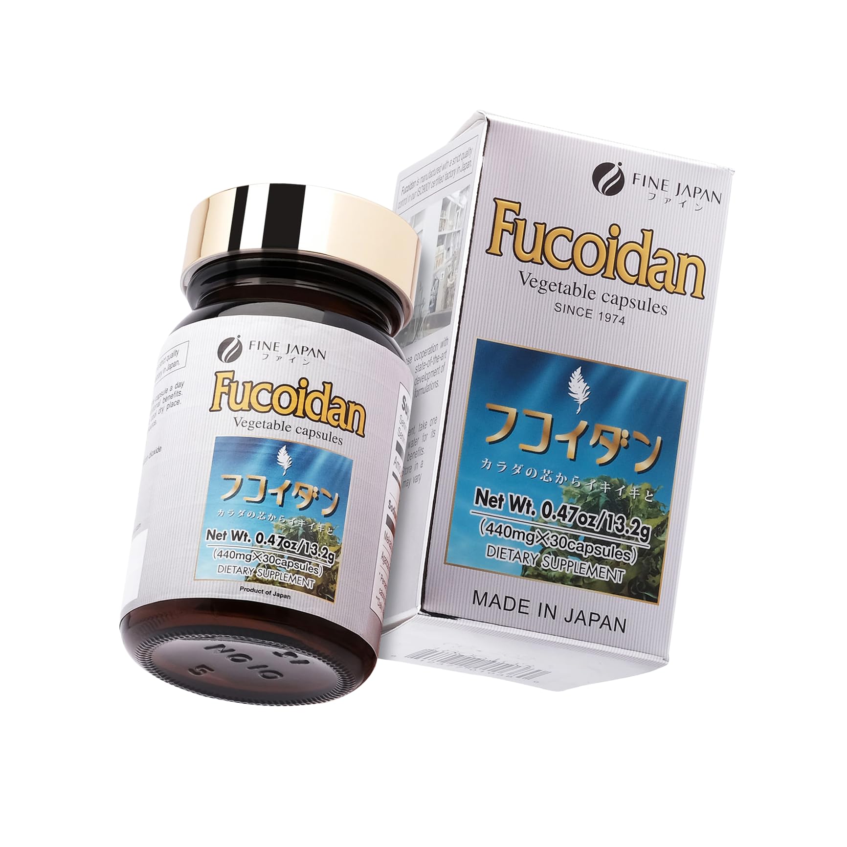 Fine Japan fucoidan agaricus ingredients graphic illustrates natural mushroom and seaweed extracts.