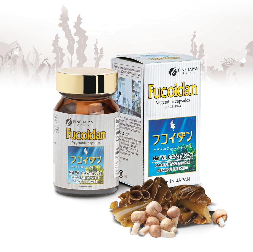 Fine Japan fucoidan capsules bottle promotes daily wellness support.