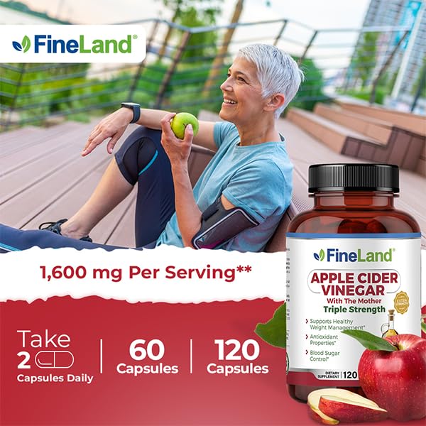 FineLand Apple Cider Vinegar Capsules label highlights vegan, non-GMO, and USA-made quality.