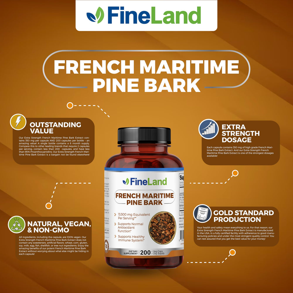 FineLand Pine Bark capsules close-up showing 450 mg strength for daily antioxidant support