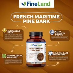 FineLand Pine Bark capsules close-up showing 450 mg strength for daily antioxidant support