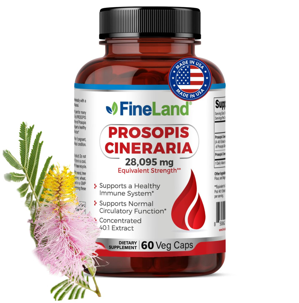 FineLand Prosopis Cineraria 40 to 1 extract bottle shows potent full spectrum profile for arterial support