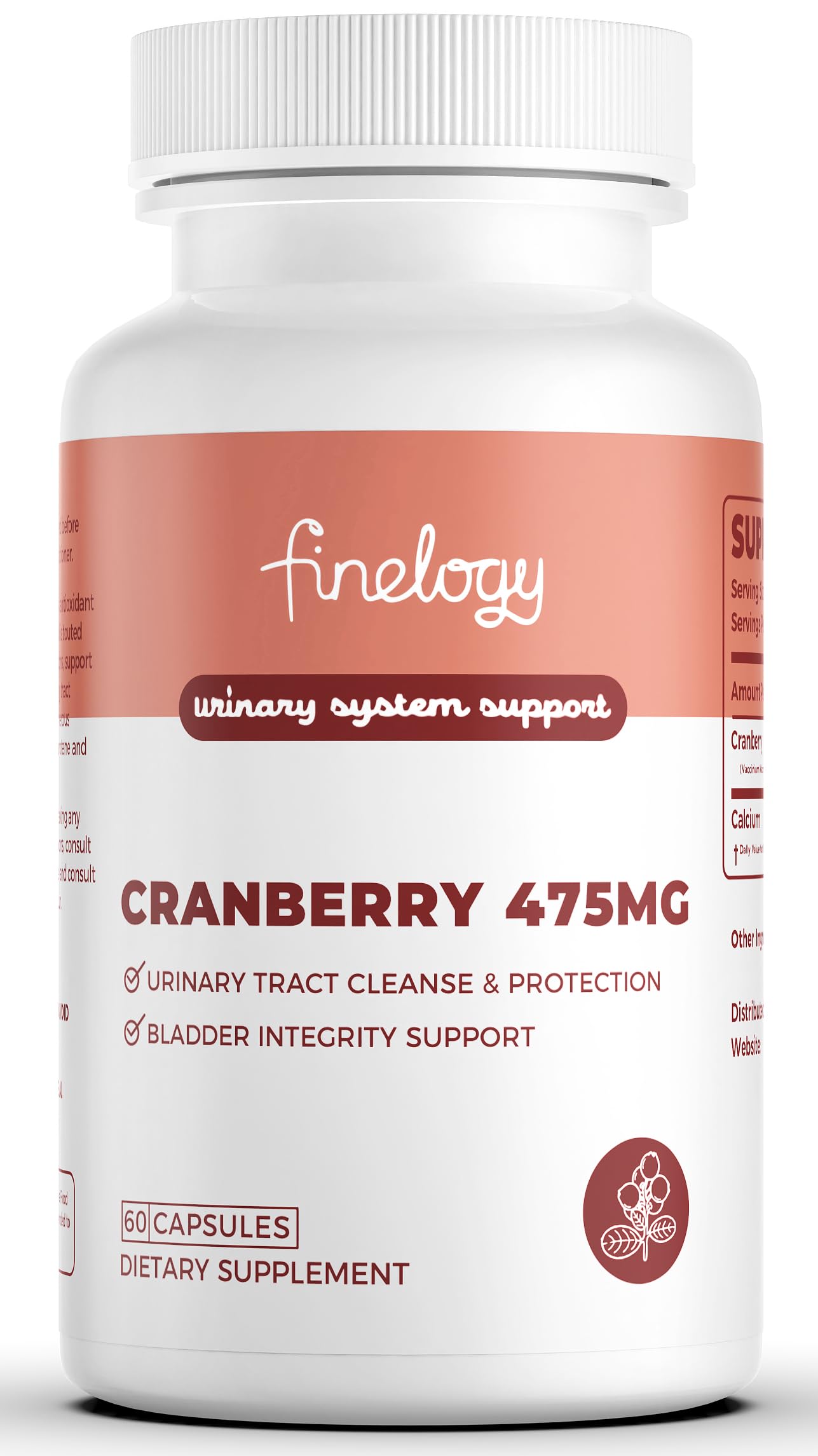 Finelogy Cranberry Pills bottle front promotes urinary tract support with a convenient daily capsule.
