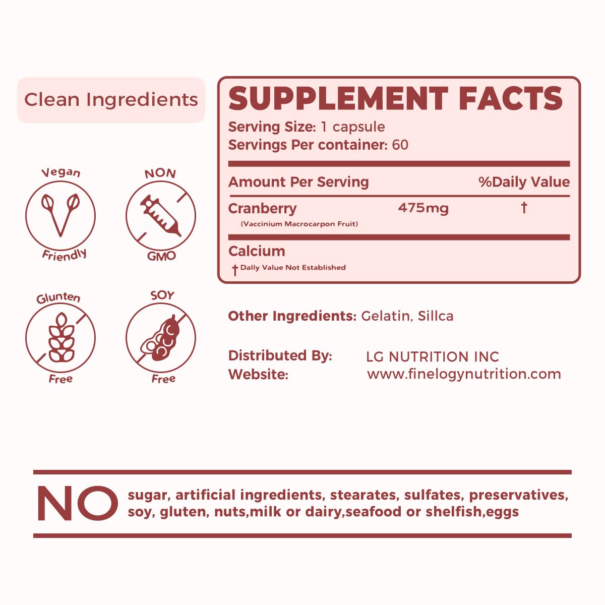 Finelogy Cranberry Pills non-GMO and gluten-free assurance supports dietary needs.