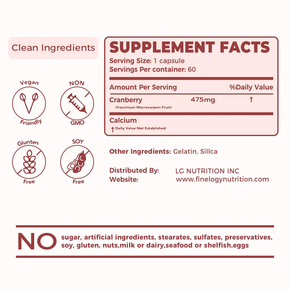 Finelogy Cranberry Pills non-GMO and gluten-free assurance supports dietary needs.