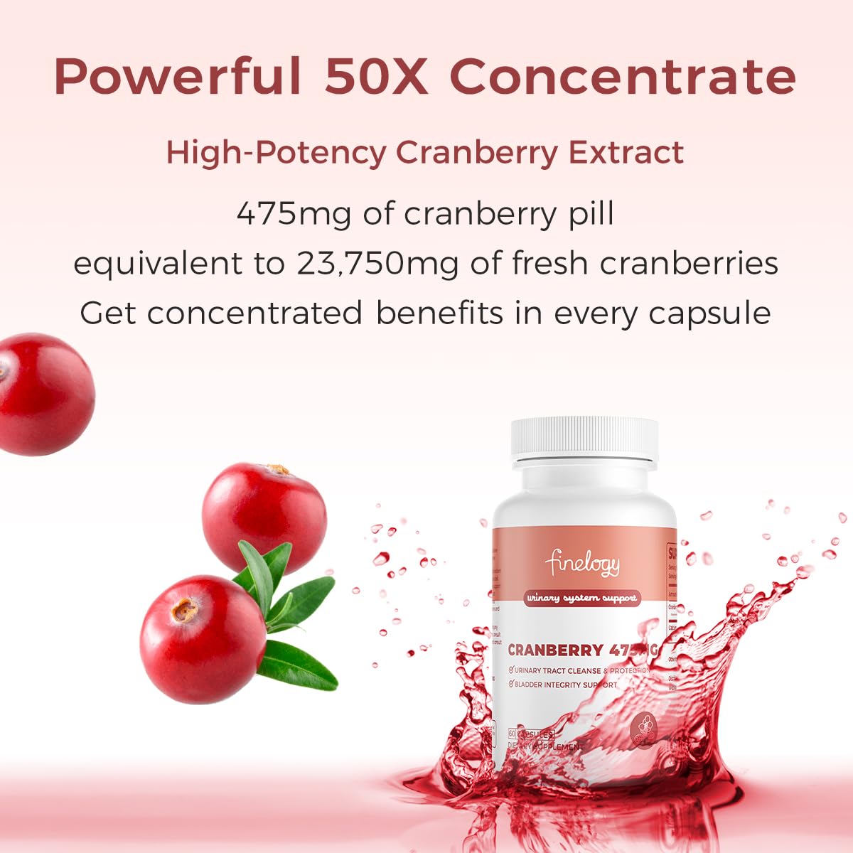 Finelogy Cranberry Pills USA-made facility tag emphasizes quality and safety.