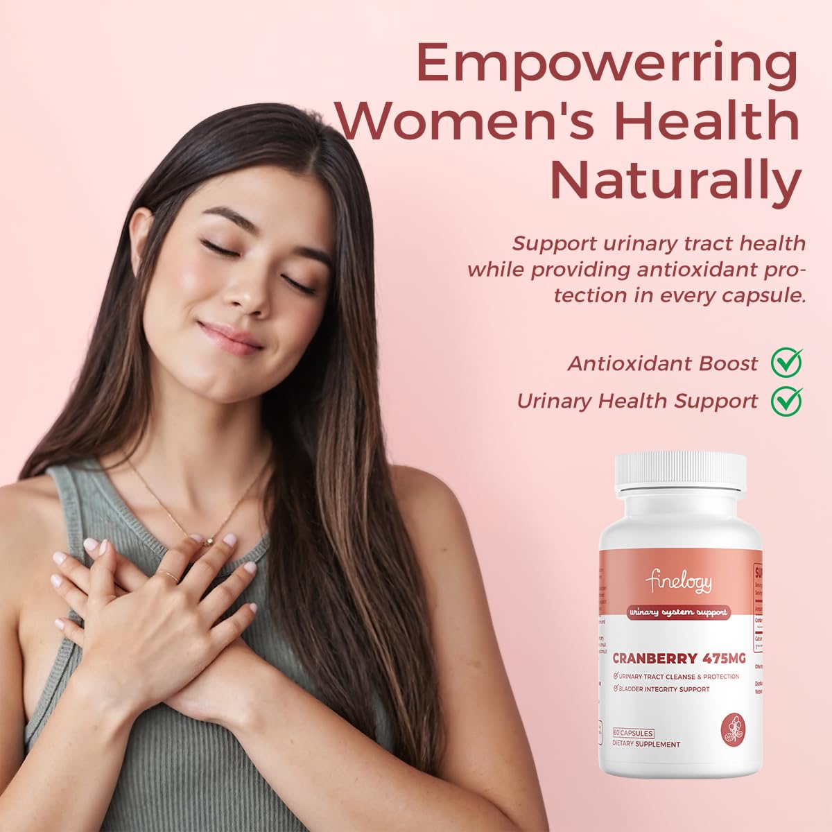 Finelogy Cranberry Pills vitamin C boost indicates added immune support.