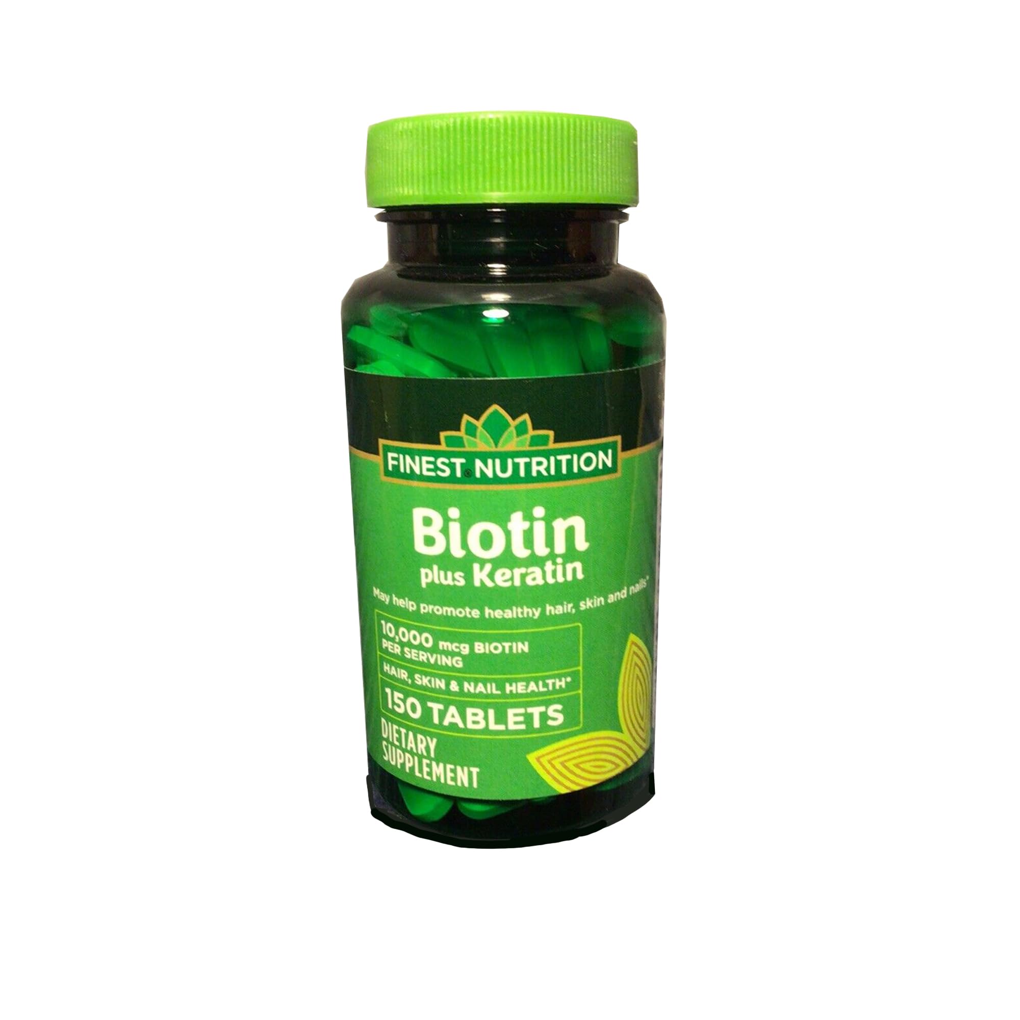 Finest Nutrition Biotin + Keratin bottle label for easy daily dosing.