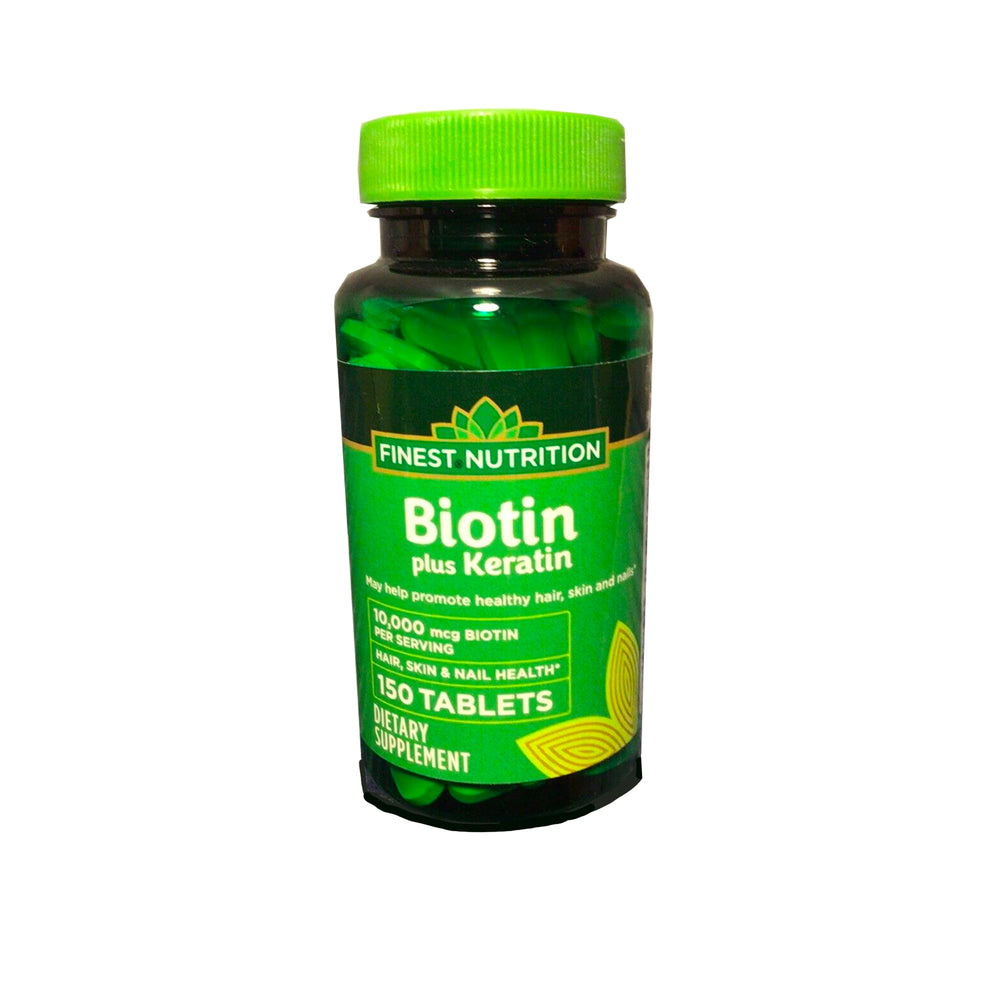 Finest Nutrition Biotin + Keratin bottle label for easy daily dosing.