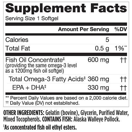 Finest Nutrition Half-The-Size Fish Oil 1200 mg softgels, two-pack convenience for ongoing use