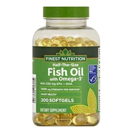 Finest Nutrition Half-The-Size Fish Oil softgels bottle close-up for convenient daily omega-3 intake