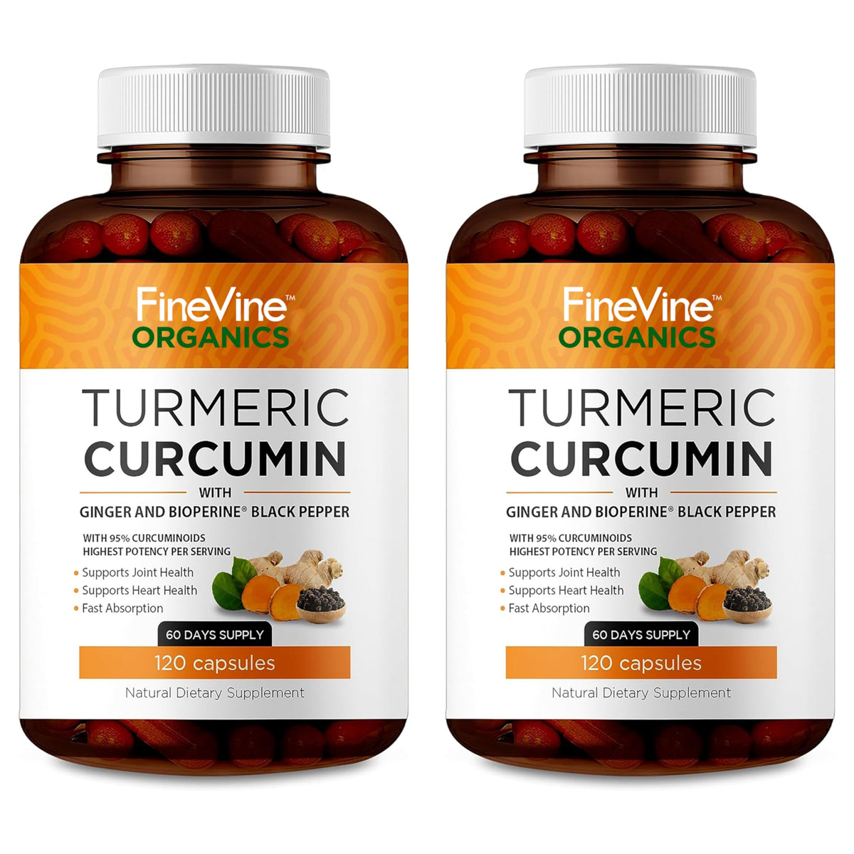 FineVine Organics Turmeric Curcumin bottle pour supports daily joint comfort