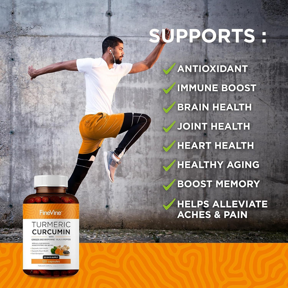 FineVine Organics turmeric with ginger bottle supports joints and digestion