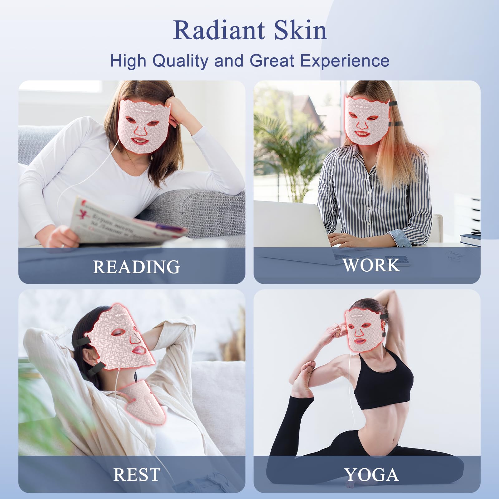 Fiogeo LED mask in a bedroom setting for relaxed yoga or skincare routine