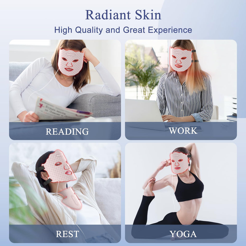 Fiogeo LED mask in a bedroom setting for relaxed yoga or skincare routine
