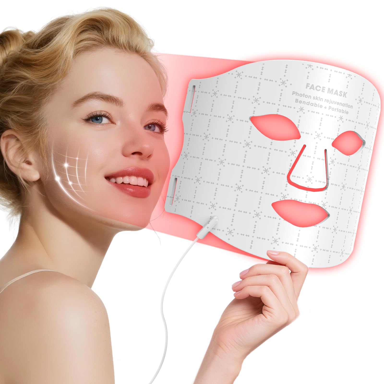 Fiogeo red light therapy mask front view with comfortable silicone fit for home use.