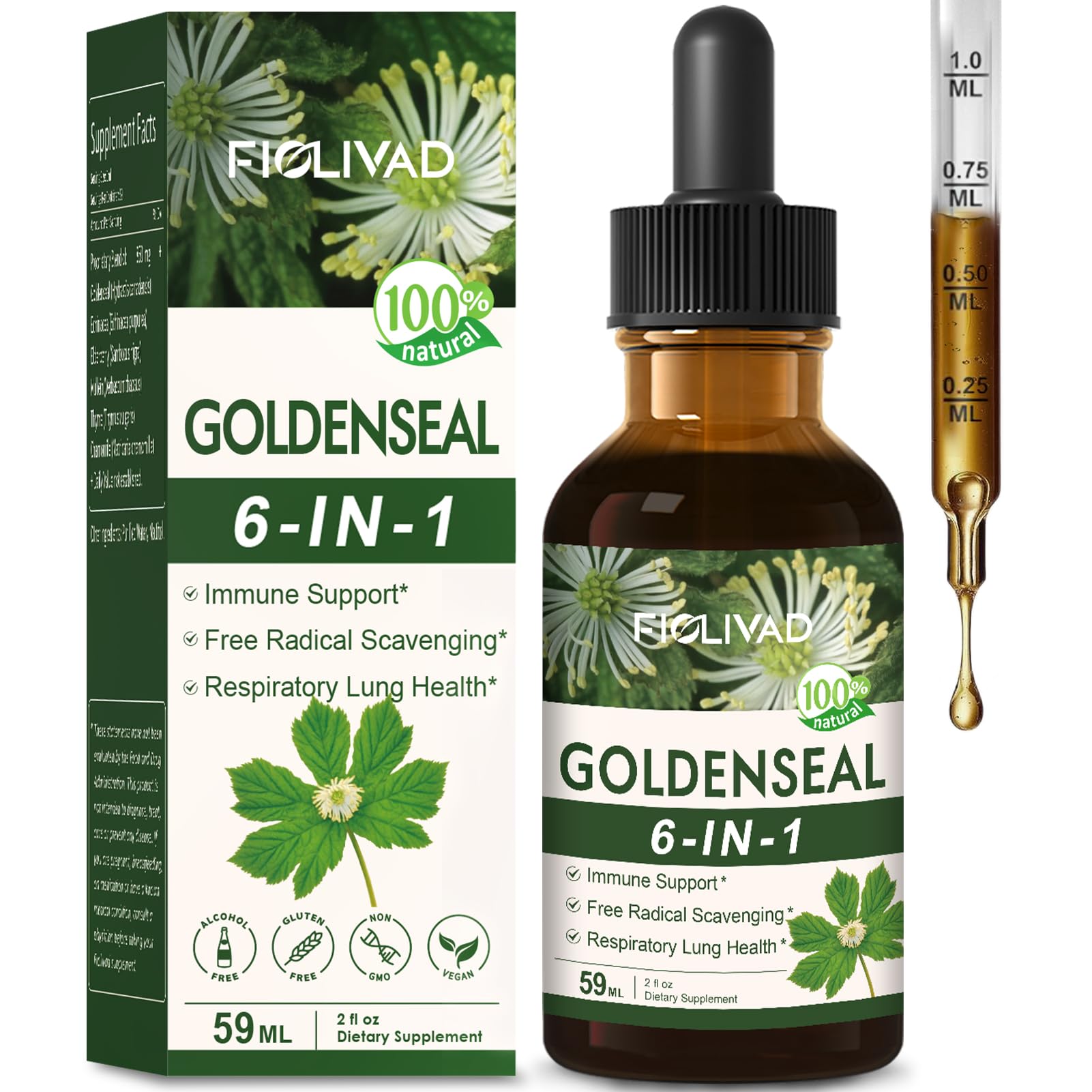 FIOLIVAD Goldenseal root extract bottle for daily immune support.
