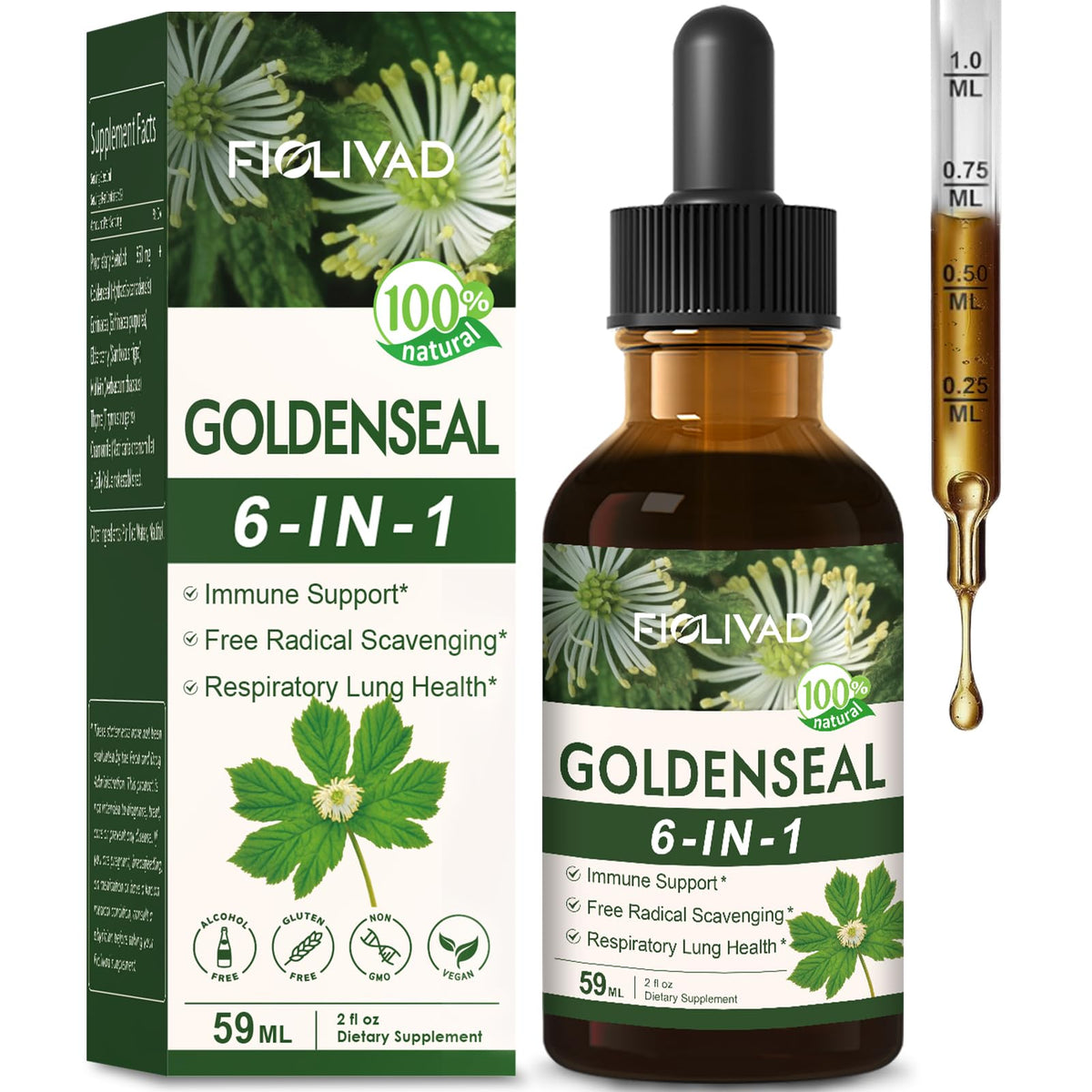 FIOLIVAD Goldenseal root extract bottle for daily immune support.