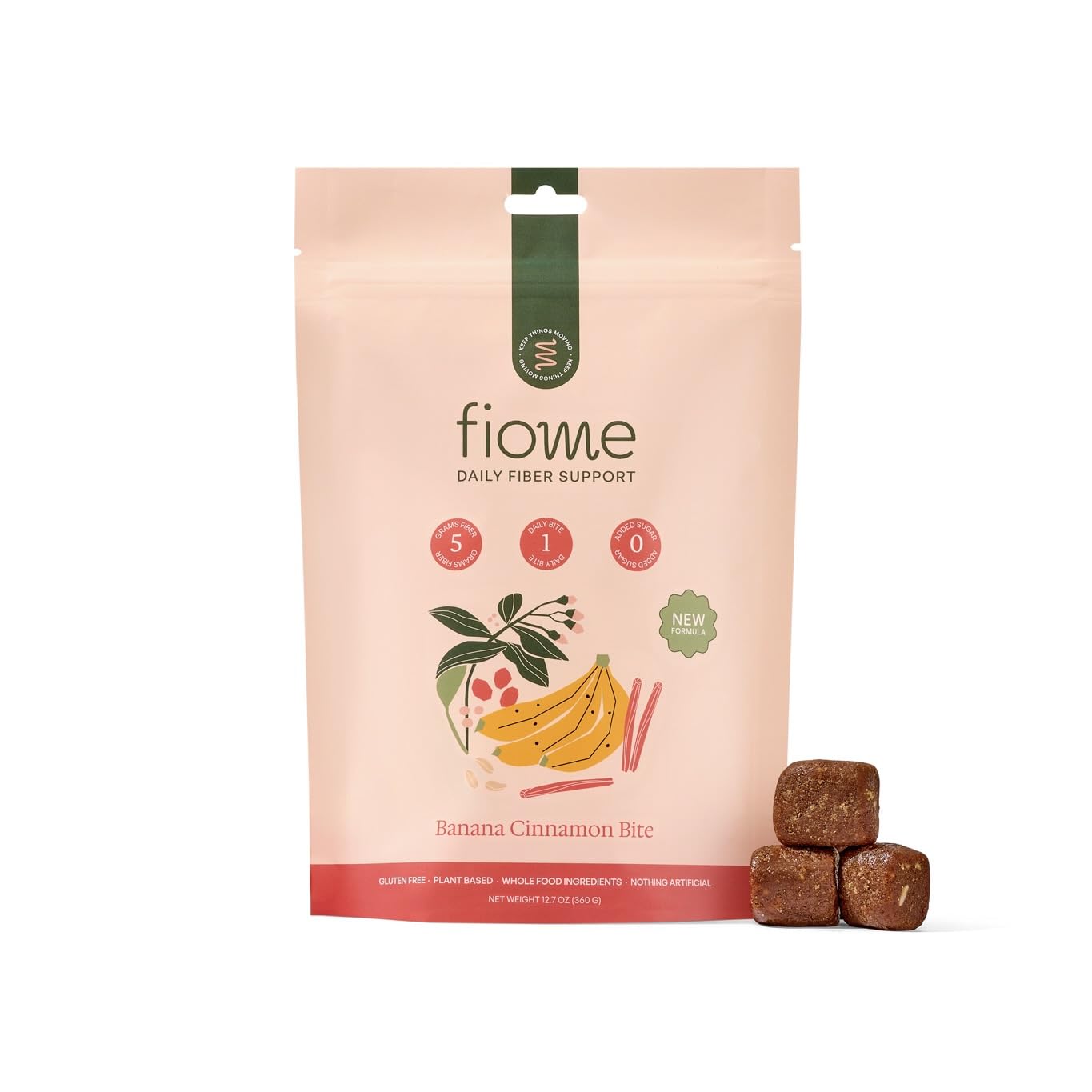 Fiome Fiber Bites bottle shows banana cinnamon flavor for daily fiber support.