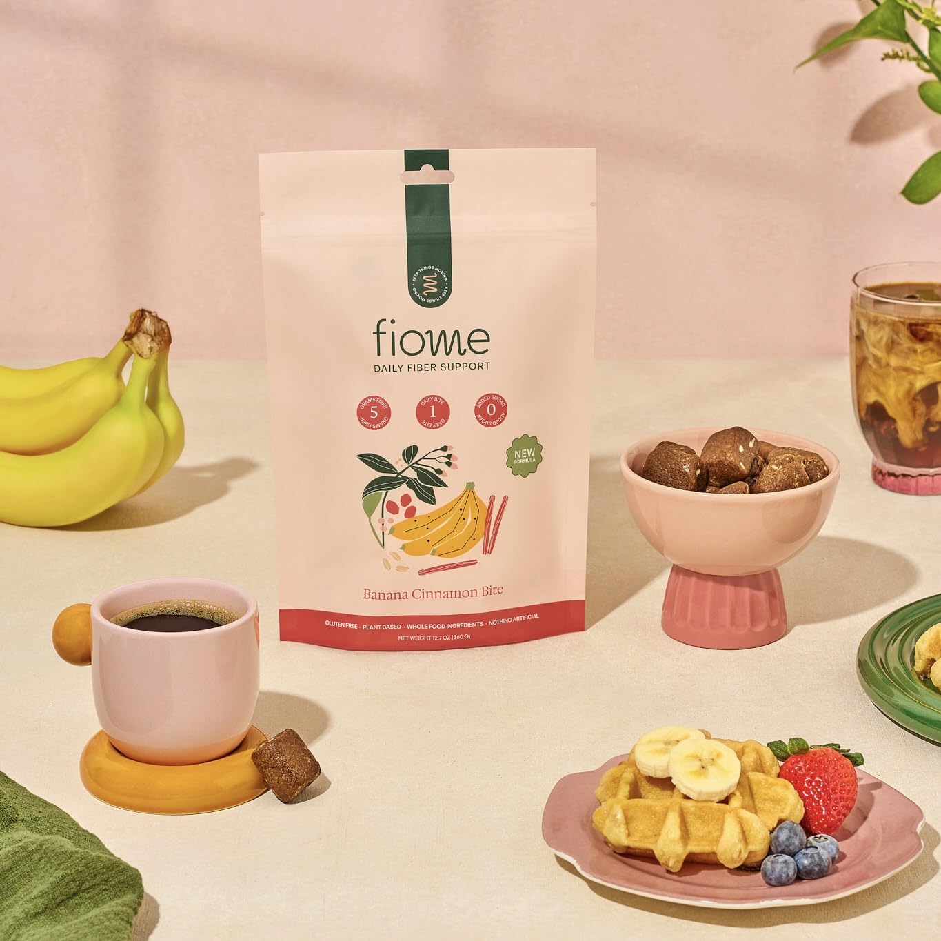 Fiome Fiber Bites open bag highlights on-the-go fiber for digestion.