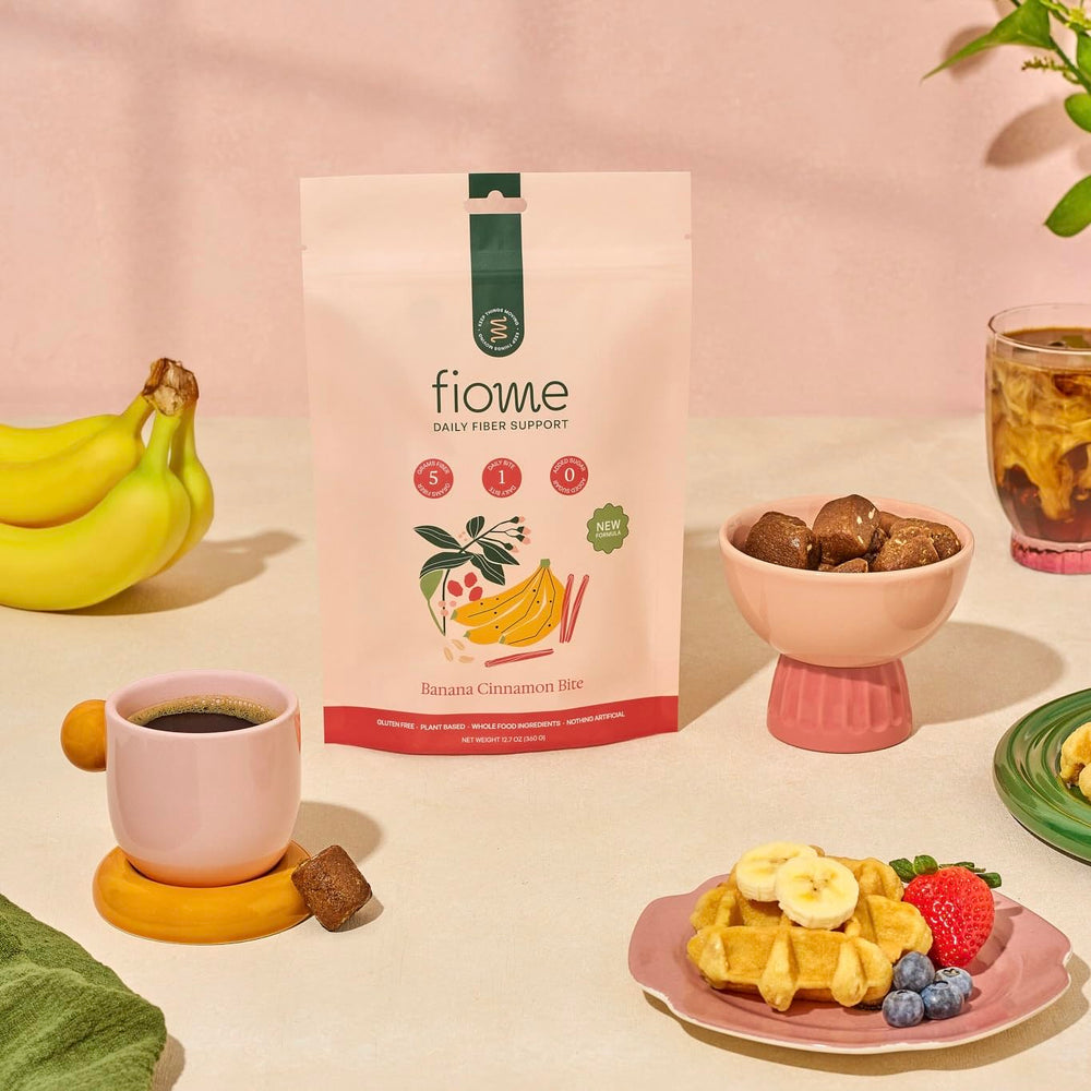 Fiome Fiber Bites open bag highlights on-the-go fiber for digestion.